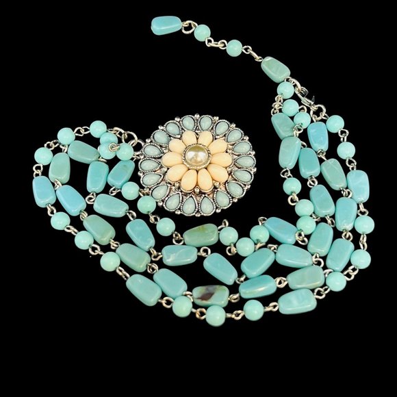 Southwest Style Double Strand Blue, White And Silver Tone Beaded Necklace (4868) - Picture 7 of 7